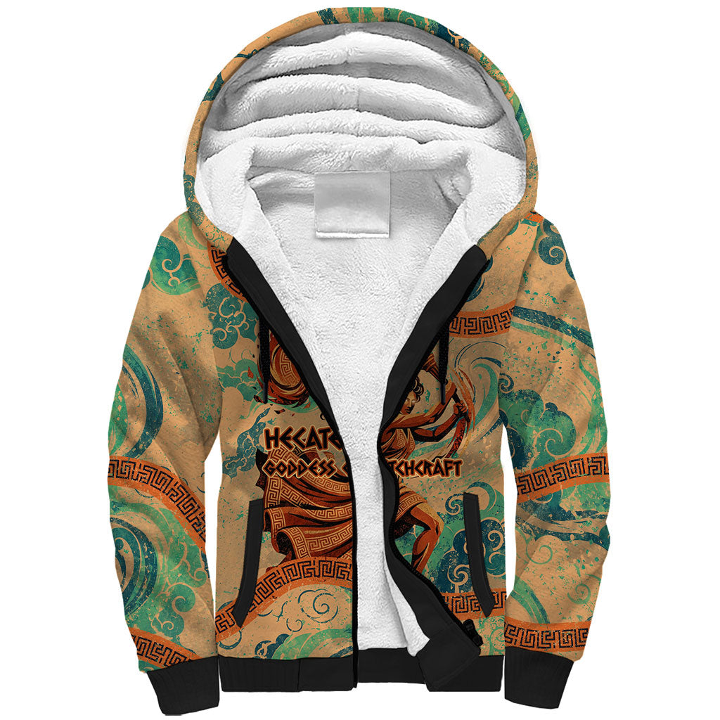 Hecate Goddess Of Witchcraft Sherpa Hoodie Hecate Flaming Torch Serpent And Strophalos Wheel Greek