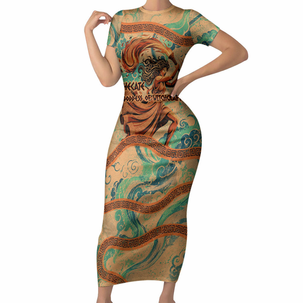 Hecate Goddess Of Witchcraft Short Sleeve Bodycon Dress Hecate Flaming Torch Serpent And Strophalos Wheel Greek