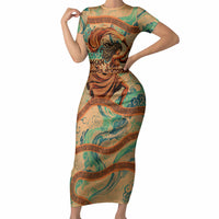 Hecate Goddess Of Witchcraft Short Sleeve Bodycon Dress Hecate Flaming Torch Serpent And Strophalos Wheel Greek