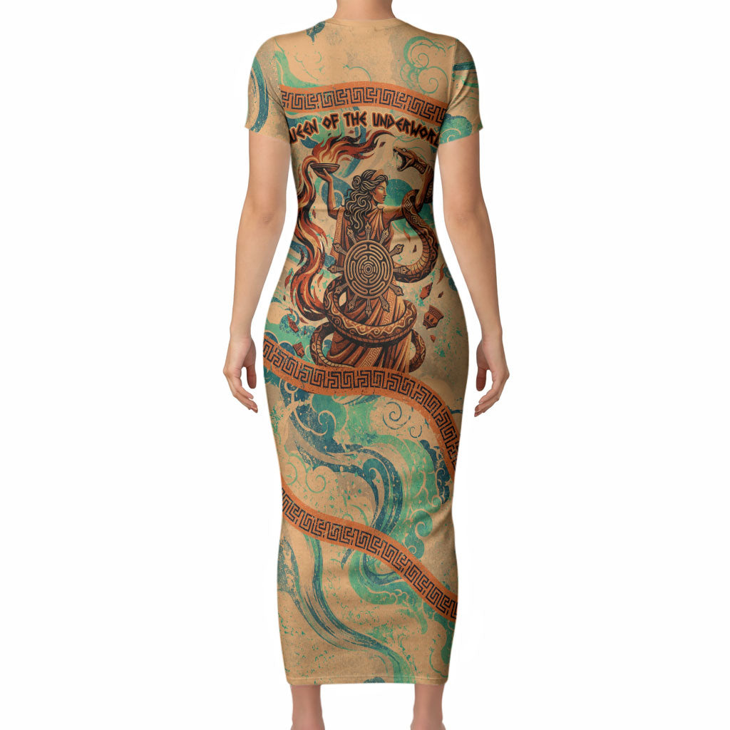 Hecate Goddess Of Witchcraft Short Sleeve Bodycon Dress Hecate Flaming Torch Serpent And Strophalos Wheel Greek