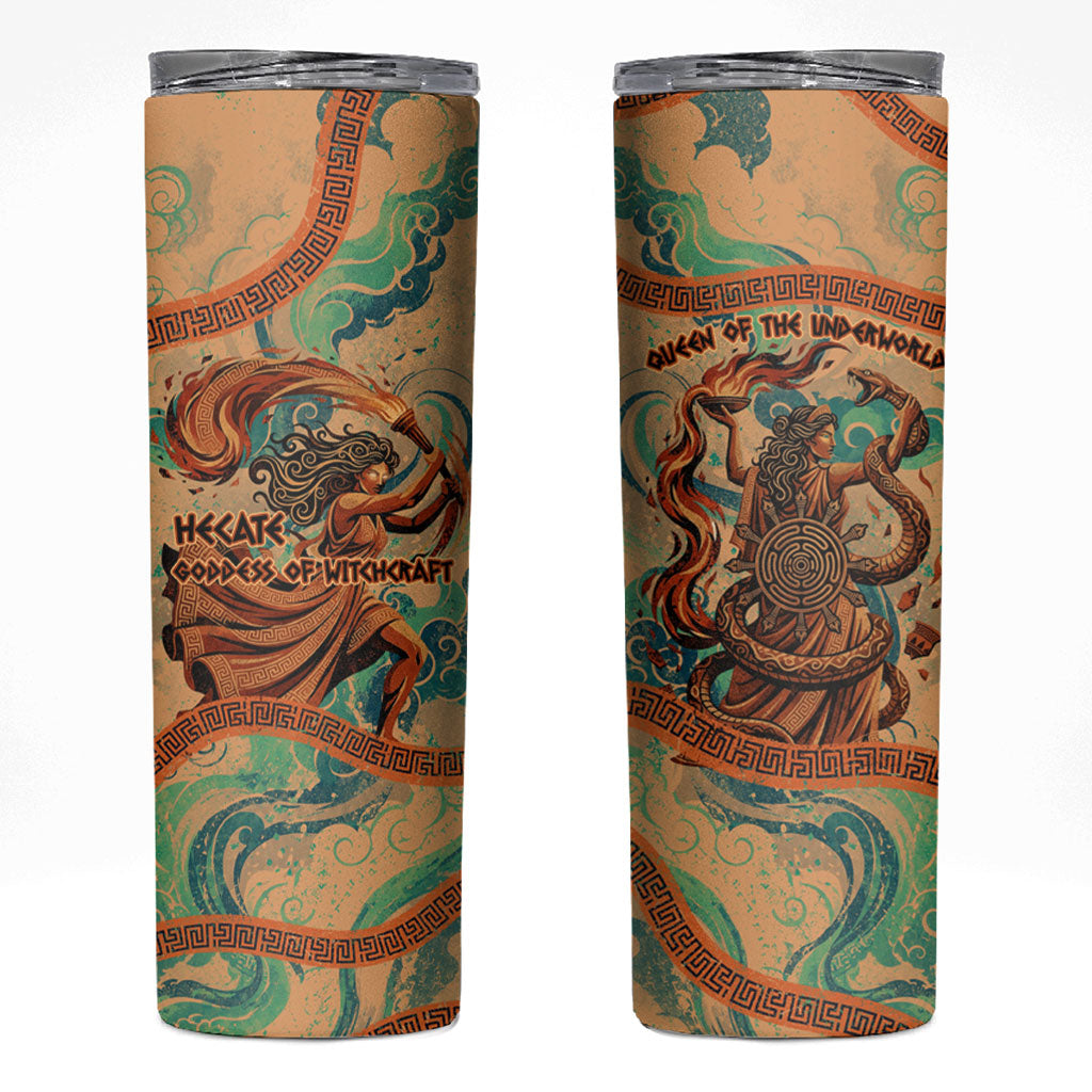 Hecate Goddess Of Witchcraft Skinny Tumbler Hecate Flaming Torch Serpent And Strophalos Wheel Greek