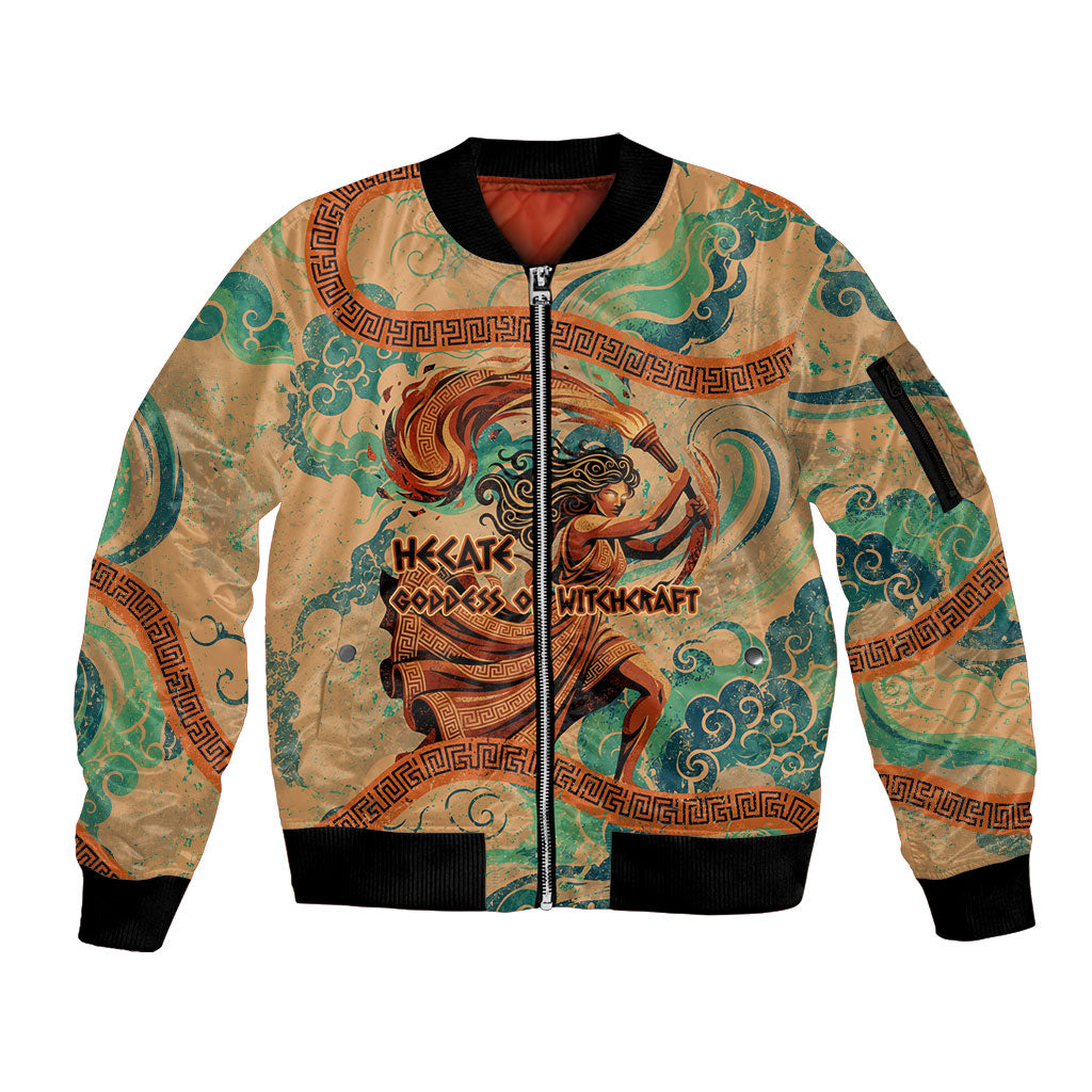 Hecate Goddess Of Witchcraft Sleeve Zip Bomber Jacket Hecate Flaming Torch Serpent And Strophalos Wheel Greek