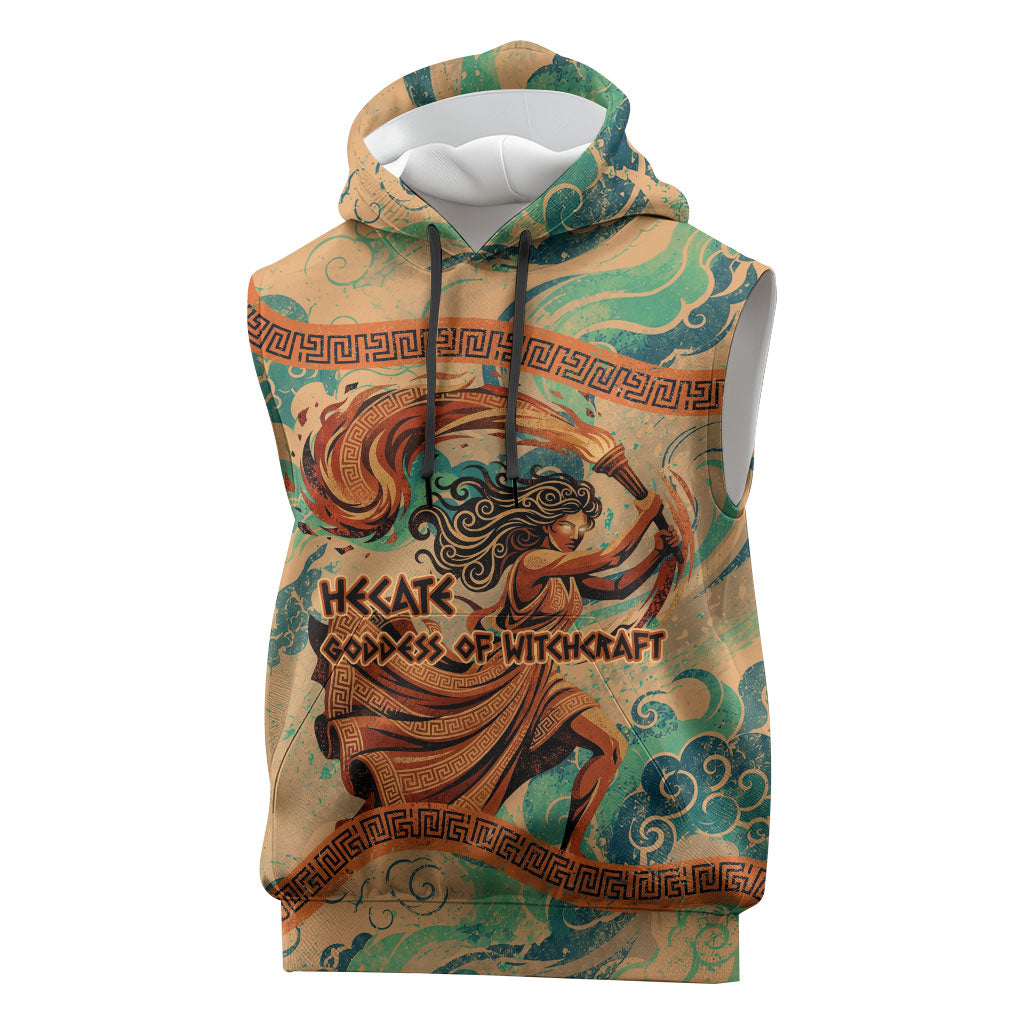 Hecate Goddess Of Witchcraft Sleeveless Hoodie Hecate Flaming Torch Serpent And Strophalos Wheel Greek