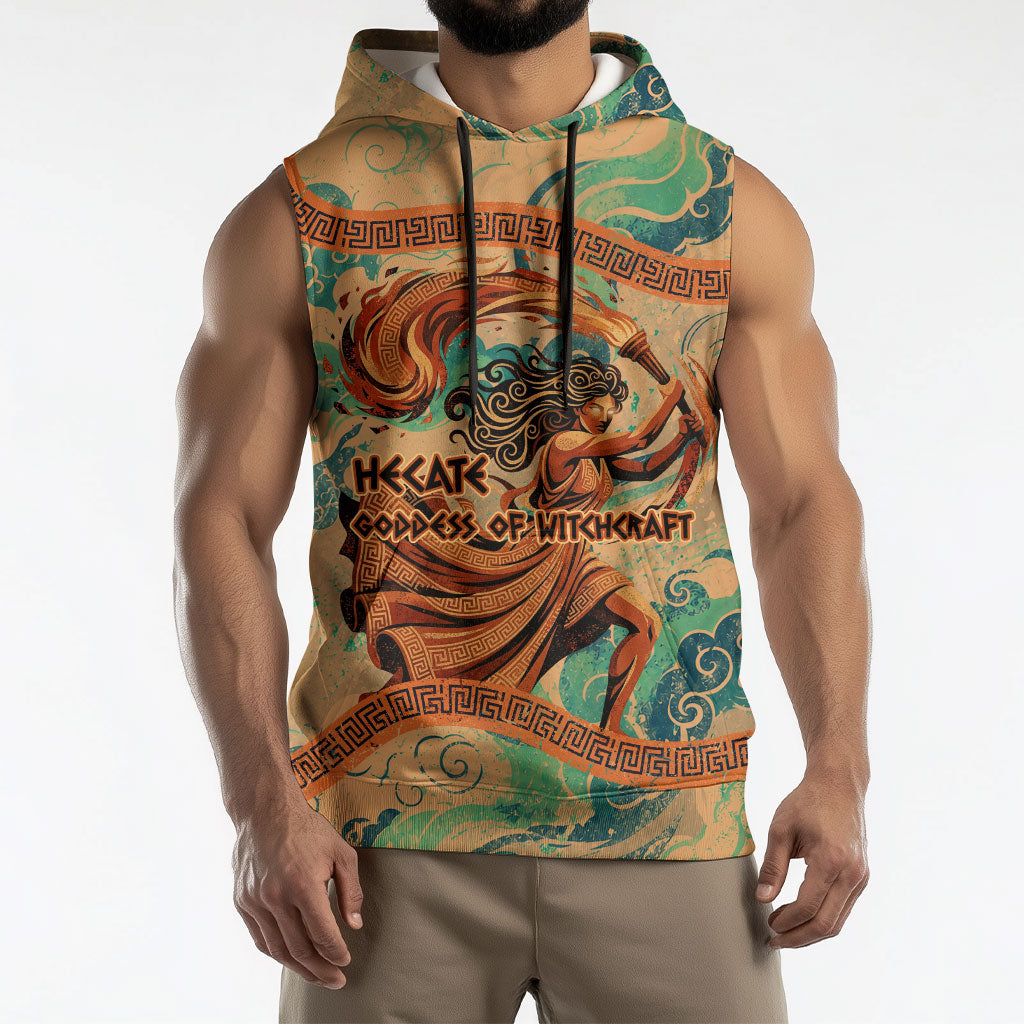 Hecate Goddess Of Witchcraft Sleeveless Hoodie Hecate Flaming Torch Serpent And Strophalos Wheel Greek
