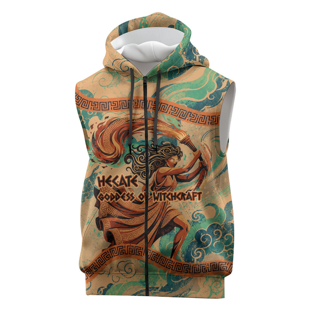 Hecate Goddess Of Witchcraft Sleeveless Zip Hoodie Hecate Flaming Torch Serpent And Strophalos Wheel Greek