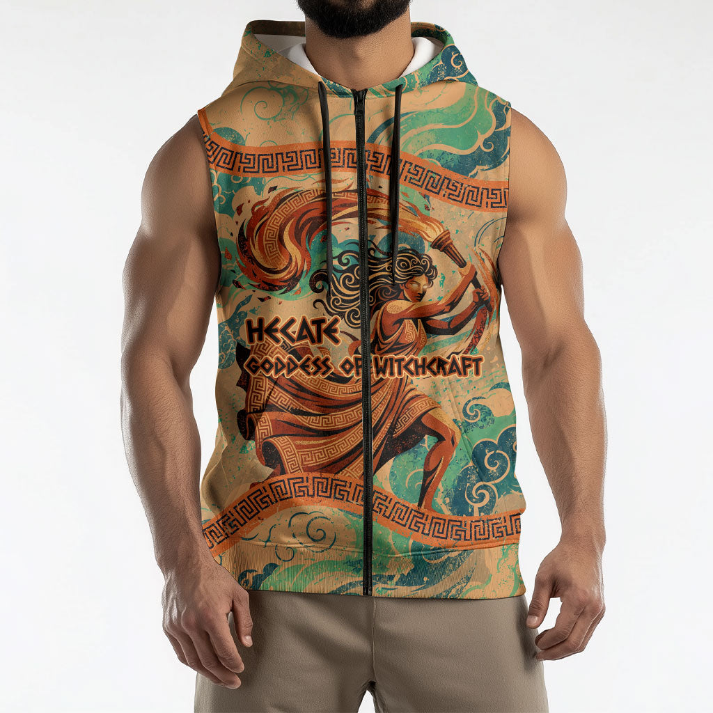 Hecate Goddess Of Witchcraft Sleeveless Zip Hoodie Hecate Flaming Torch Serpent And Strophalos Wheel Greek