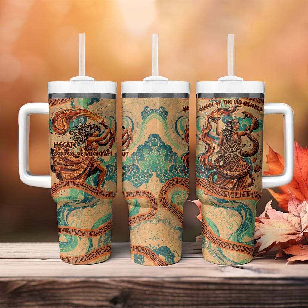 Hecate Goddess Of Witchcraft Tumbler With Handle Hecate Flaming Torch Serpent And Strophalos Wheel Greek