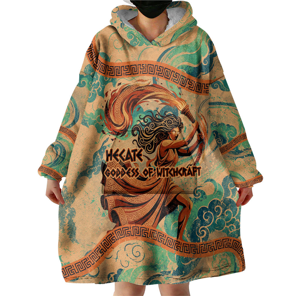 Hecate Goddess Of Witchcraft Wearable Blanket Hoodie Hecate Flaming Torch Serpent And Strophalos Wheel Greek