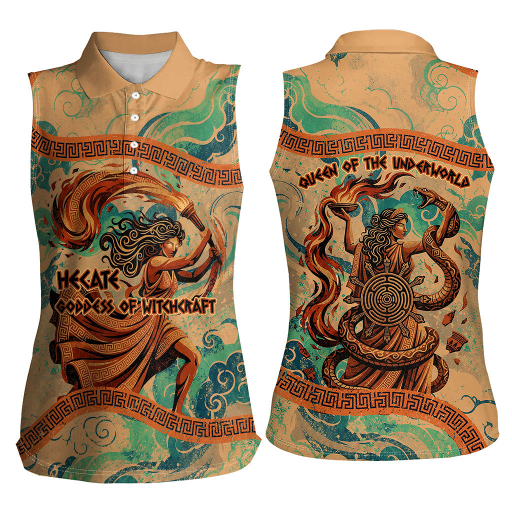 Hecate Goddess Of Witchcraft Women Sleeveless Polo Shirt Hecate Flaming Torch Serpent And Strophalos Wheel Greek