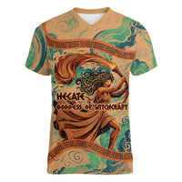 Hecate Goddess Of Witchcraft Women V-Neck T-Shirt Hecate Flaming Torch Serpent And Strophalos Wheel Greek