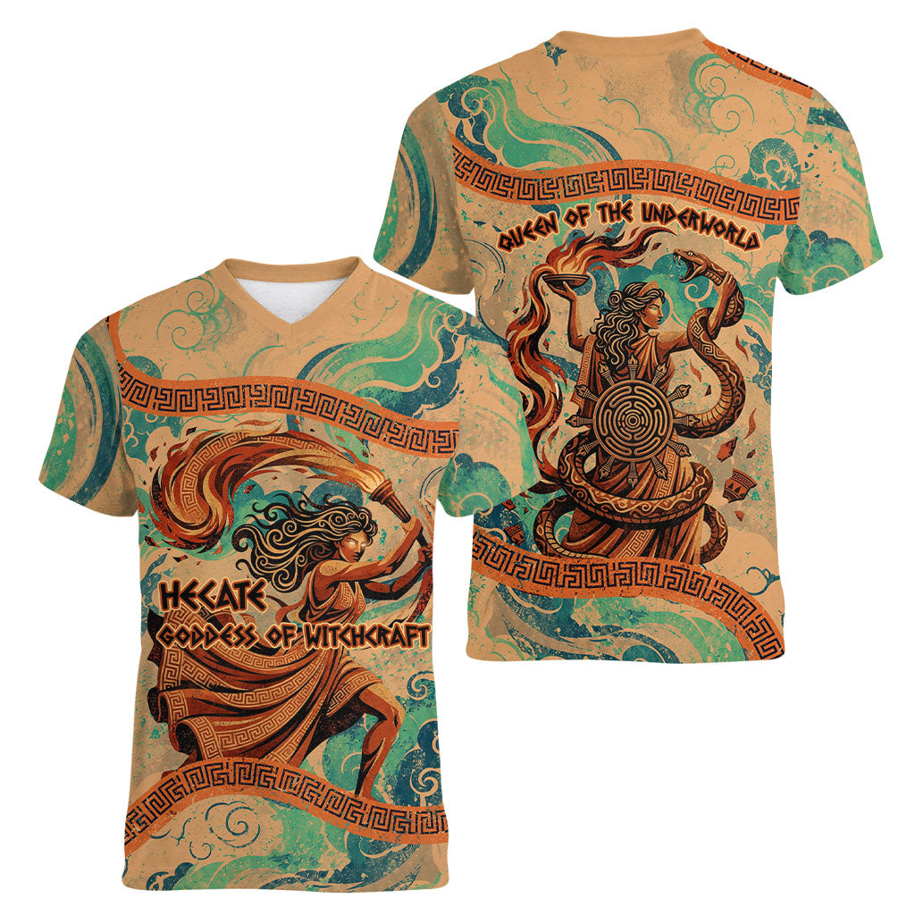 Hecate Goddess Of Witchcraft Women V-Neck T-Shirt Hecate Flaming Torch Serpent And Strophalos Wheel Greek