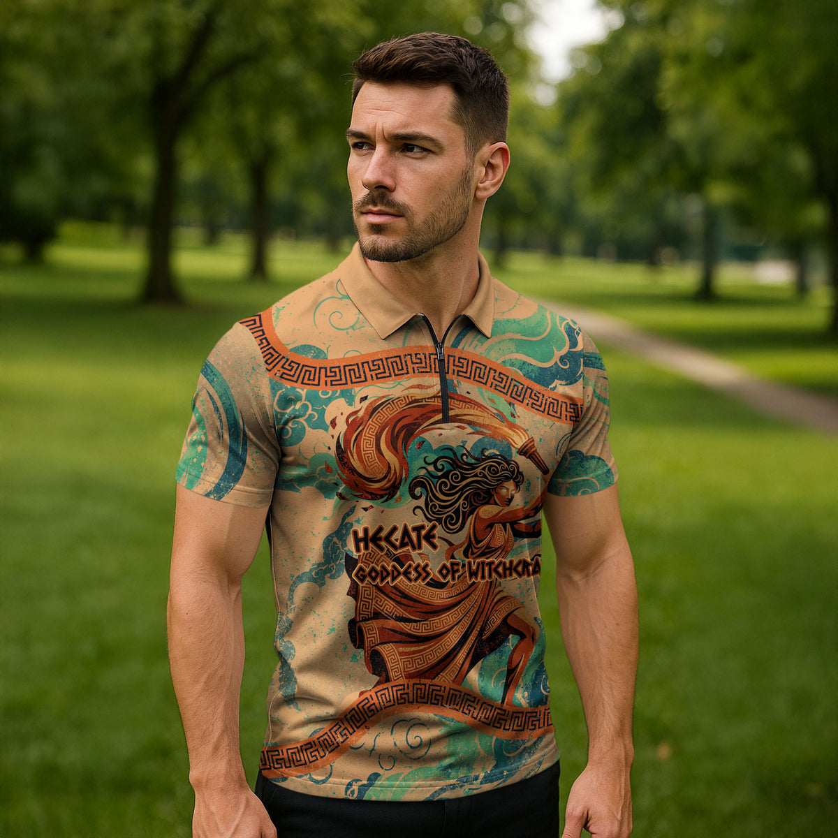 Hecate Goddess Of Witchcraft Zipper Polo Shirt Hecate Flaming Torch Serpent And Strophalos Wheel Greek