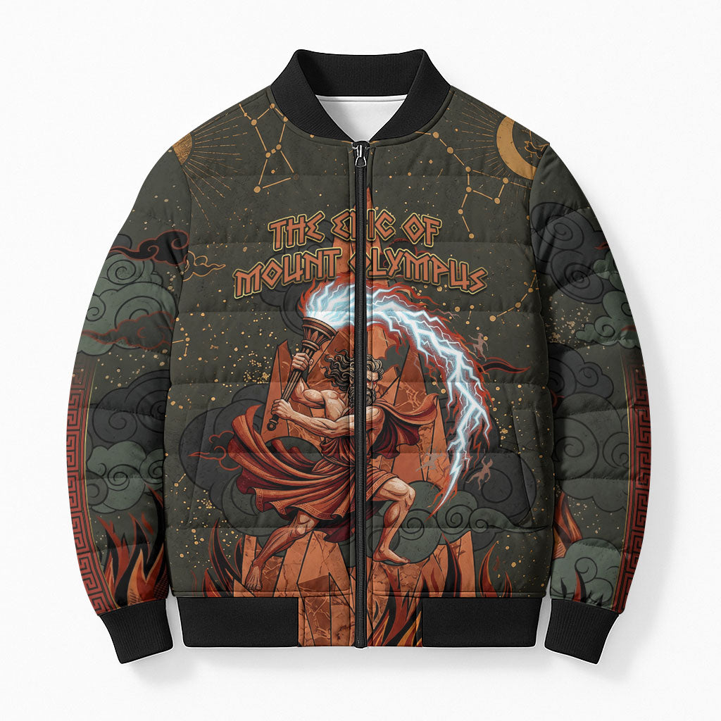 Mount Olympus Bomber Puffer Jacket Greek Prometheus Torch Flame Lightning Mountain Constellations