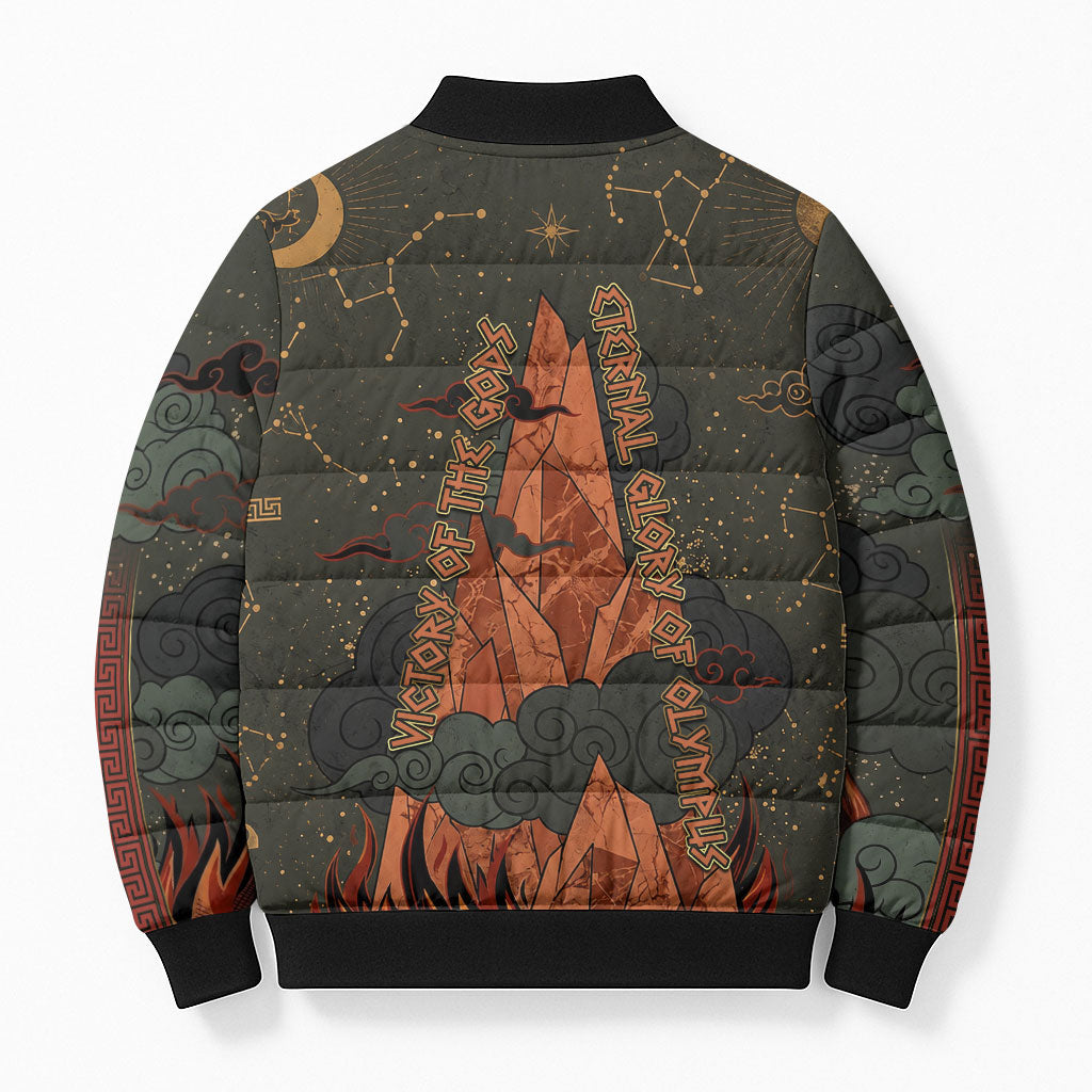 Mount Olympus Bomber Puffer Jacket Greek Prometheus Torch Flame Lightning Mountain Constellations