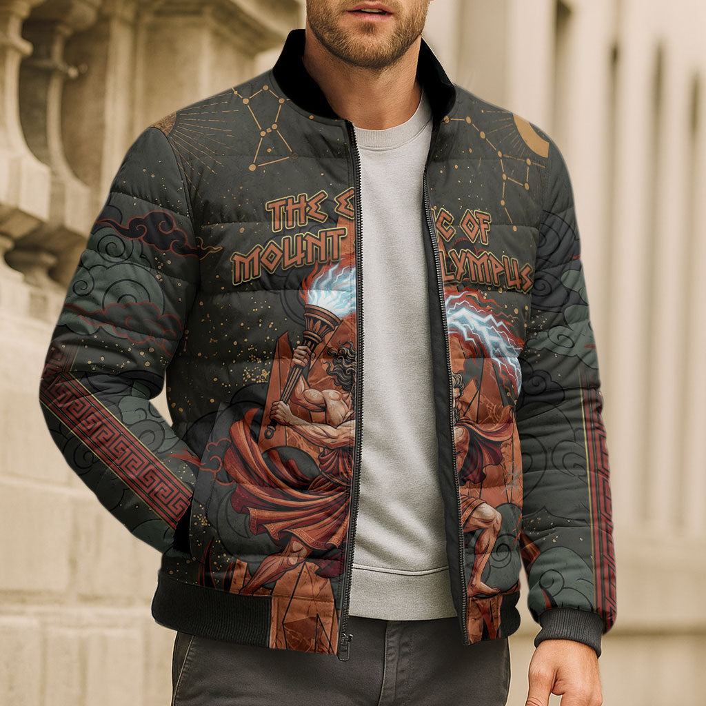 Mount Olympus Bomber Puffer Jacket Greek Prometheus Torch Flame Lightning Mountain Constellations