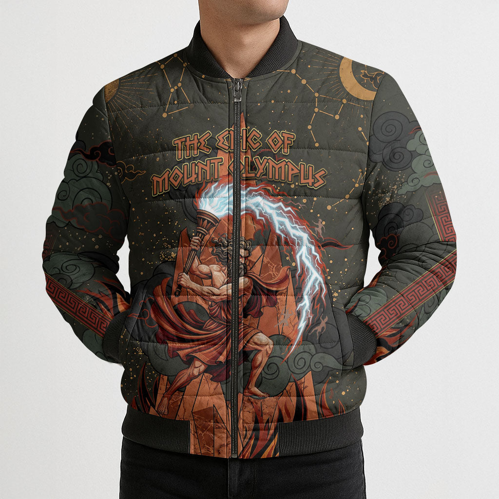 Mount Olympus Bomber Puffer Jacket Greek Prometheus Torch Flame Lightning Mountain Constellations