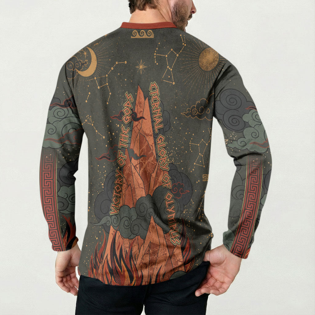 Mount Olympus Button Sweatshirt Greek Prometheus Torch Flame Lightning Mountain Constellations