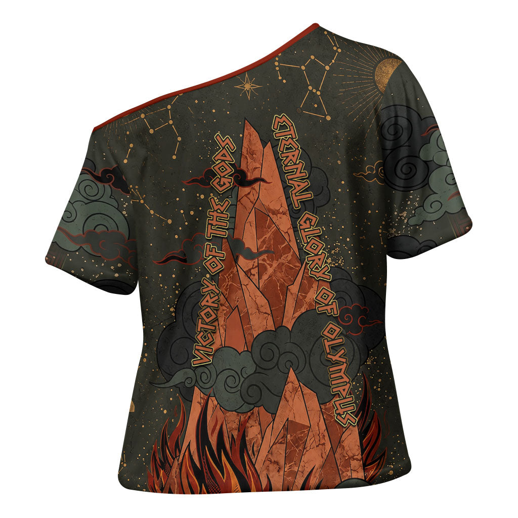 Mount Olympus Cross Shoulder Shirt Greek Prometheus Torch Flame Lightning Mountain Constellations