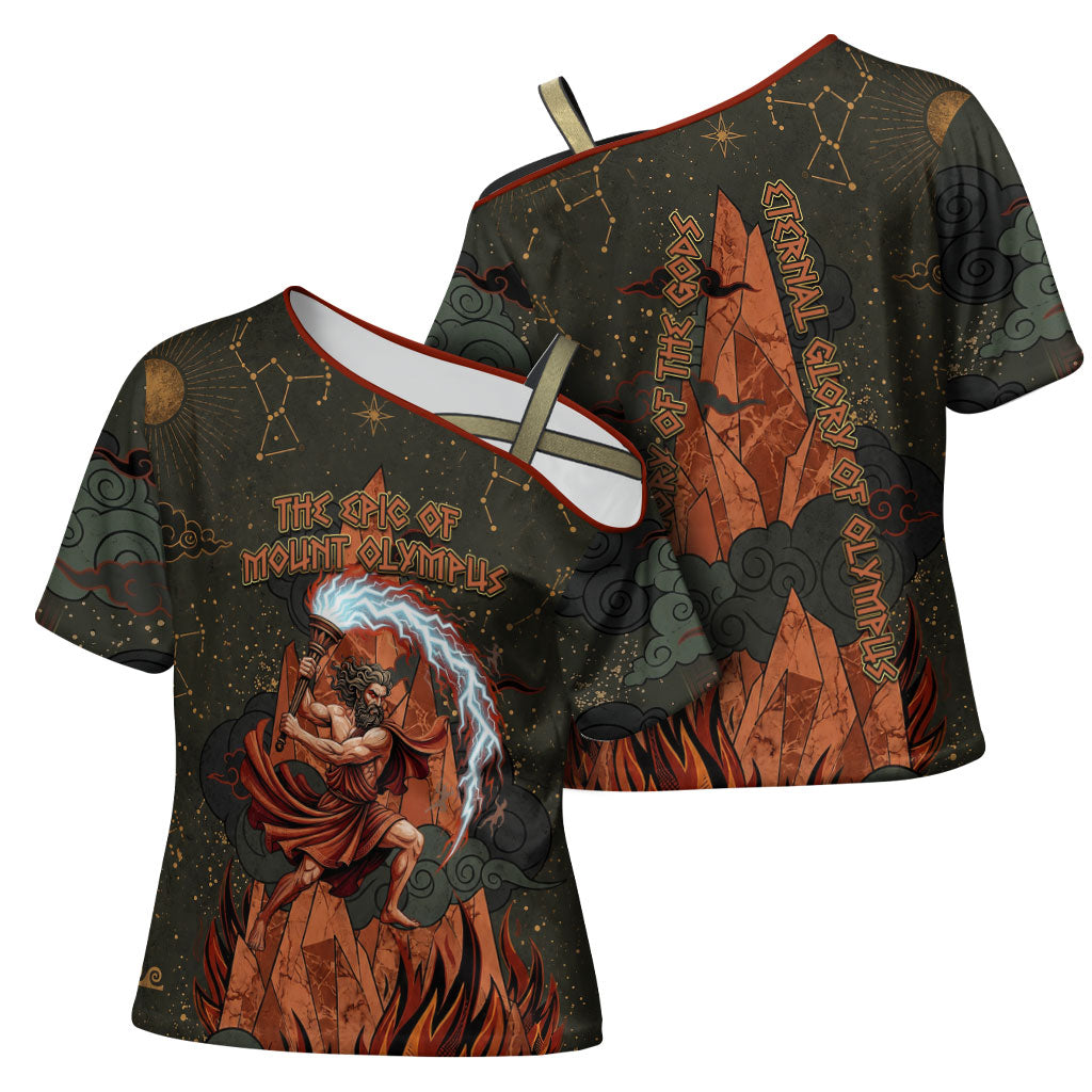 Mount Olympus Cross Shoulder Shirt Greek Prometheus Torch Flame Lightning Mountain Constellations