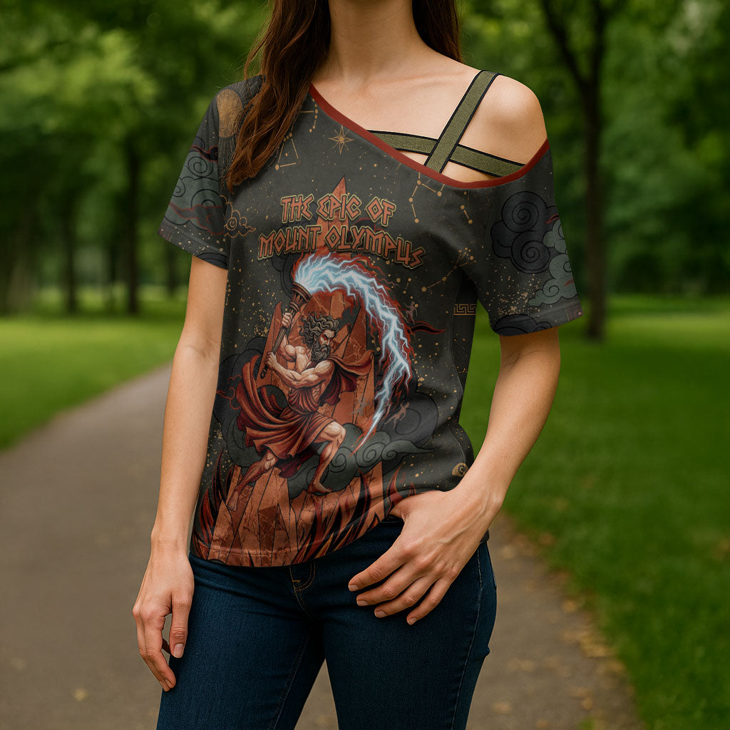 Mount Olympus Cross Shoulder Shirt Greek Prometheus Torch Flame Lightning Mountain Constellations