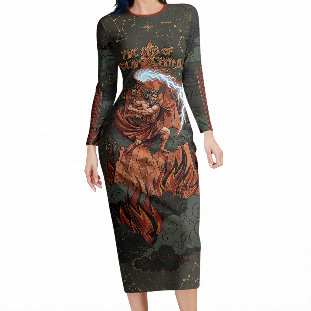 Mount Olympus Long Sleeve Bodycon Dress Greek Prometheus Torch Flame Lightning Mountain Constellations