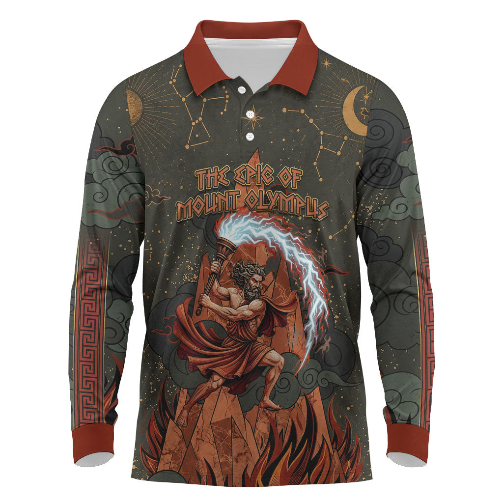 Mount Olympus Long Sleeve Polo Shirt Greek Prometheus Torch Flame Lightning Mountain Constellations