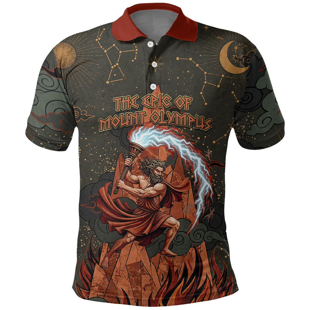 Mount Olympus Polo Shirt Greek Prometheus Torch Flame Lightning Mountain Constellations
