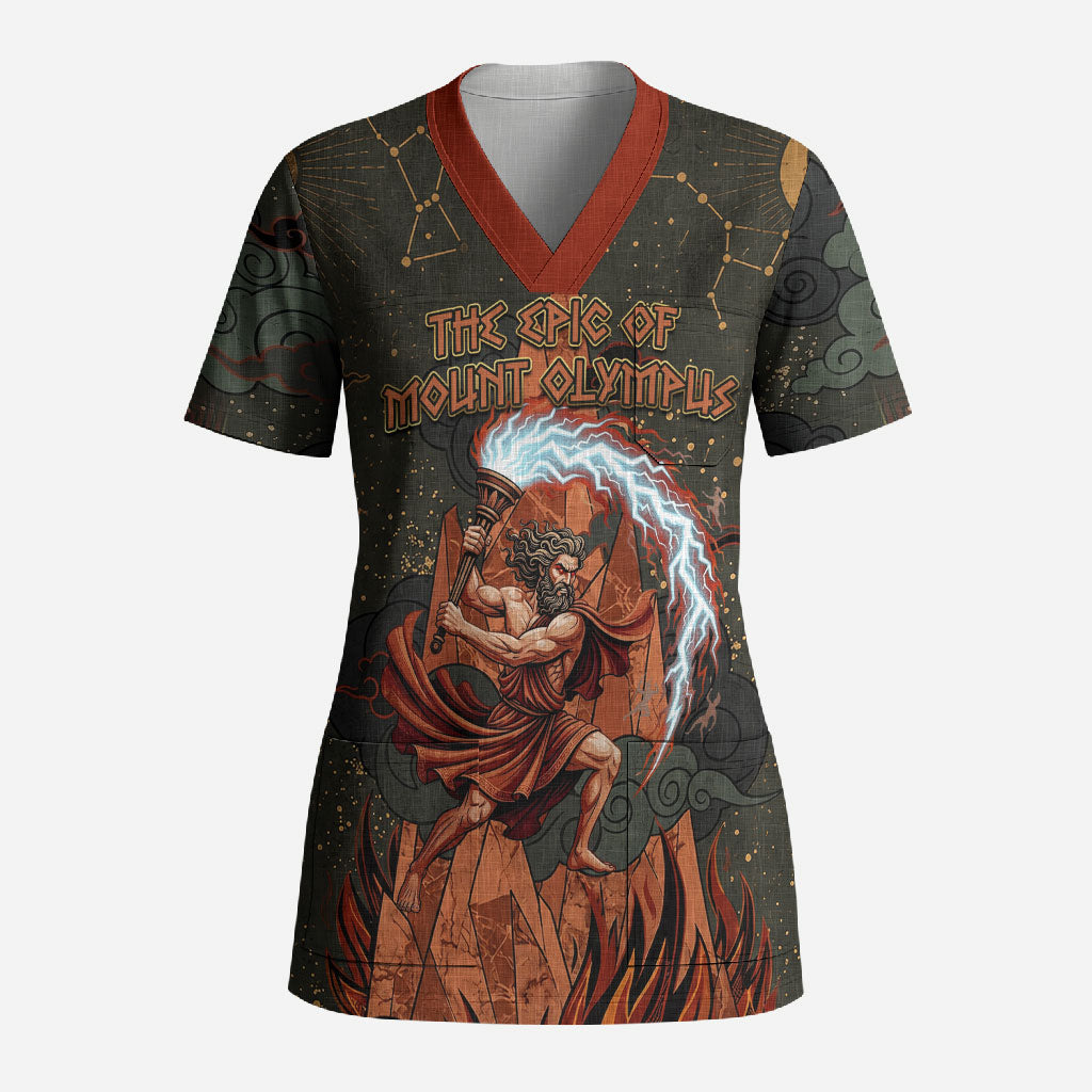 Mount Olympus Scrub Top Greek Prometheus Torch Flame Lightning Mountain Constellations