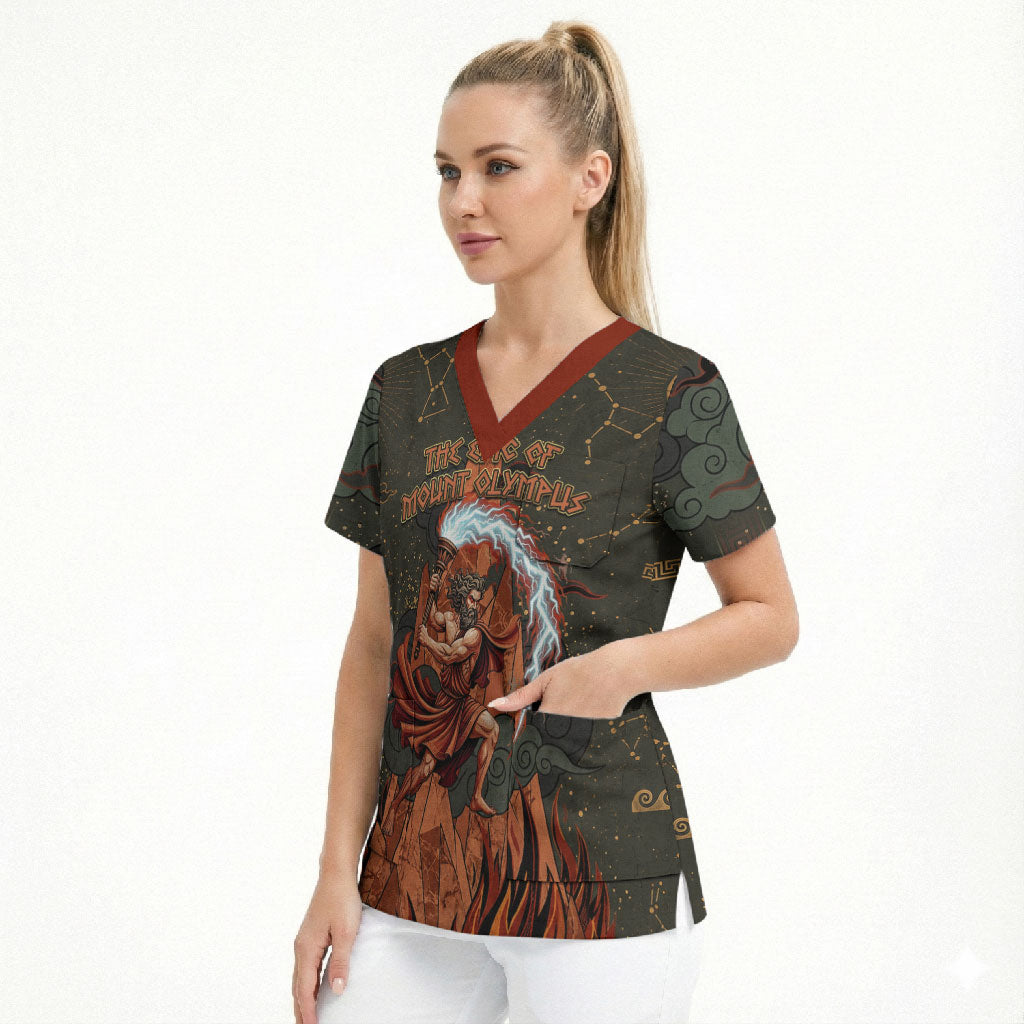 Mount Olympus Scrub Top Greek Prometheus Torch Flame Lightning Mountain Constellations