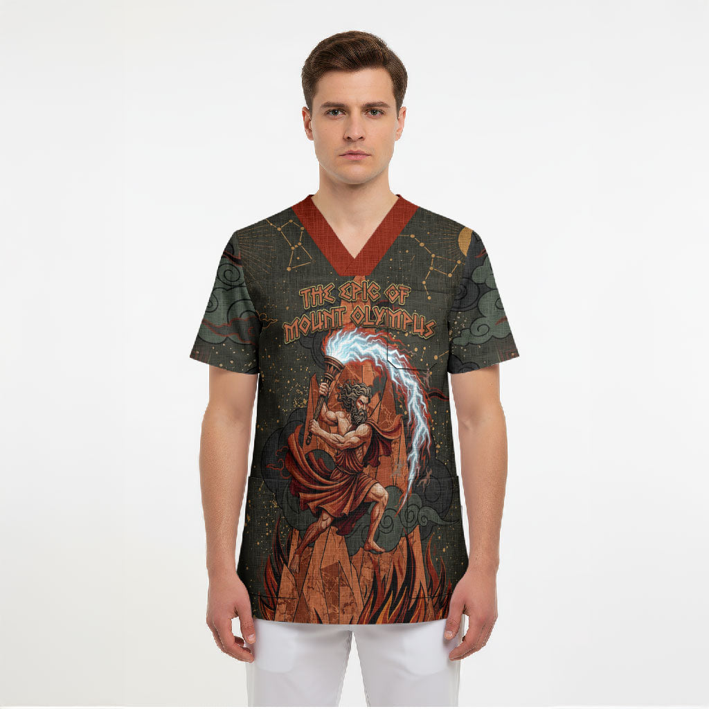 Mount Olympus Scrub Top Greek Prometheus Torch Flame Lightning Mountain Constellations