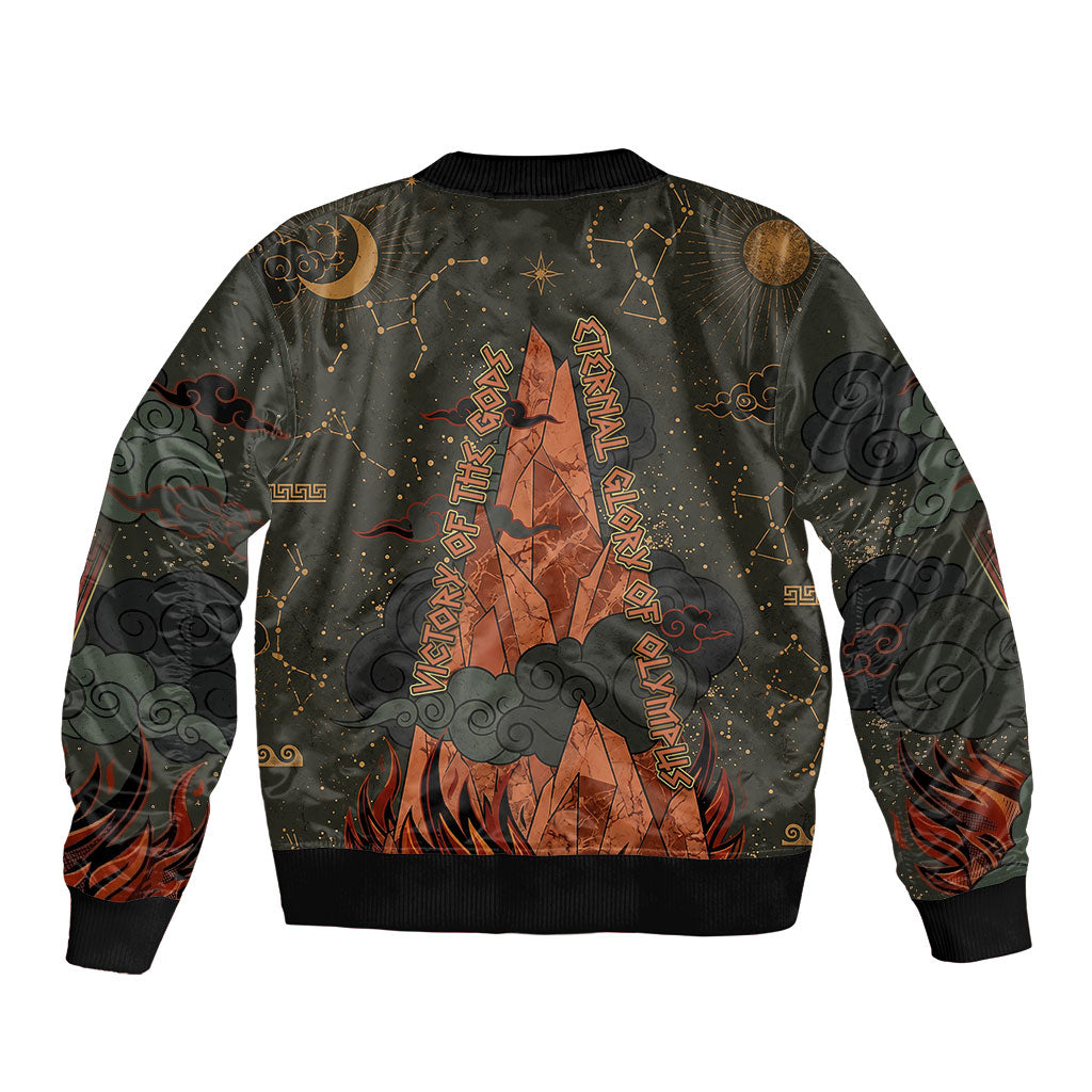 Mount Olympus Sleeve Zip Bomber Jacket Greek Prometheus Torch Flame Lightning Mountain Constellations