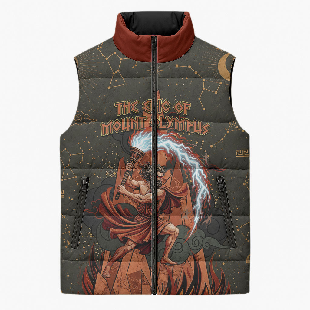 Mount Olympus Sleeveless Puffer Jacket Greek Prometheus Torch Flame Lightning Mountain Constellations