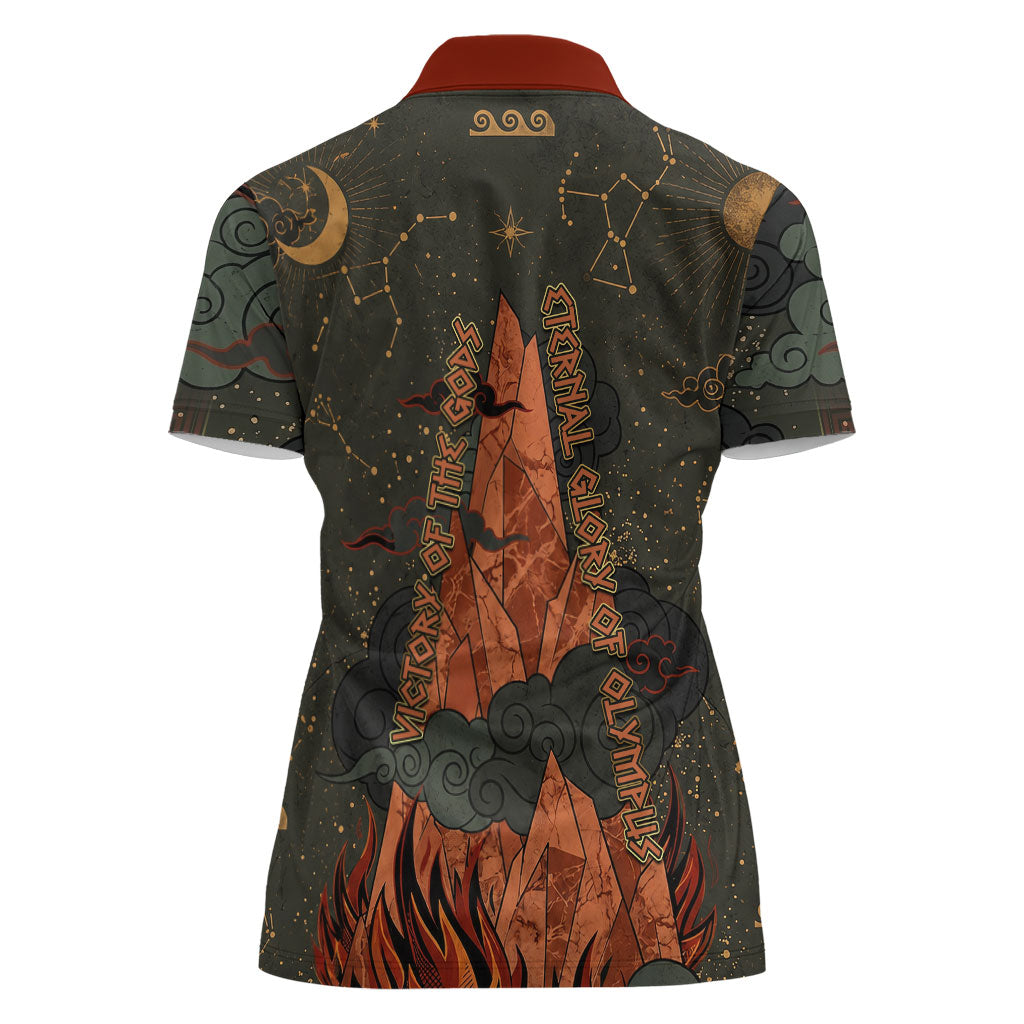 Mount Olympus Women Polo Shirt Greek Prometheus Torch Flame Lightning Mountain Constellations
