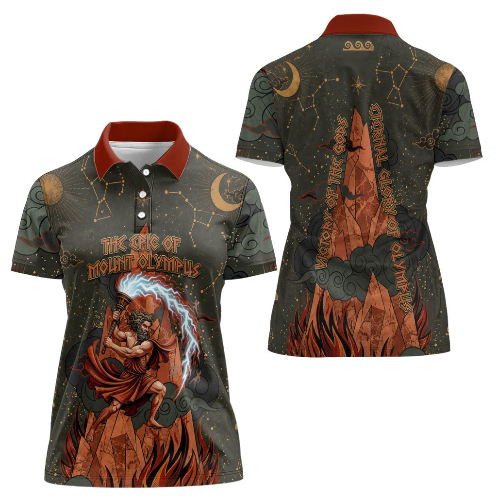Mount Olympus Women Polo Shirt Greek Prometheus Torch Flame Lightning Mountain Constellations