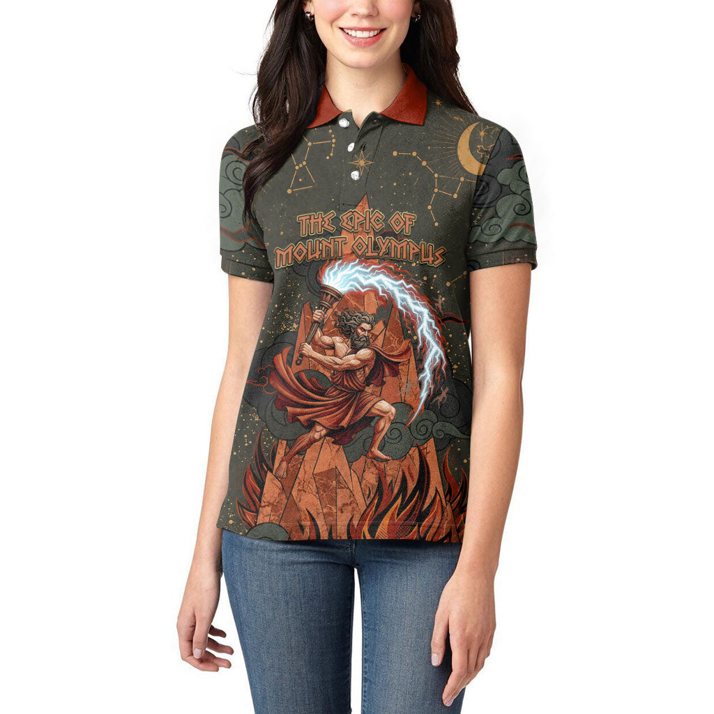 Mount Olympus Women Polo Shirt Greek Prometheus Torch Flame Lightning Mountain Constellations