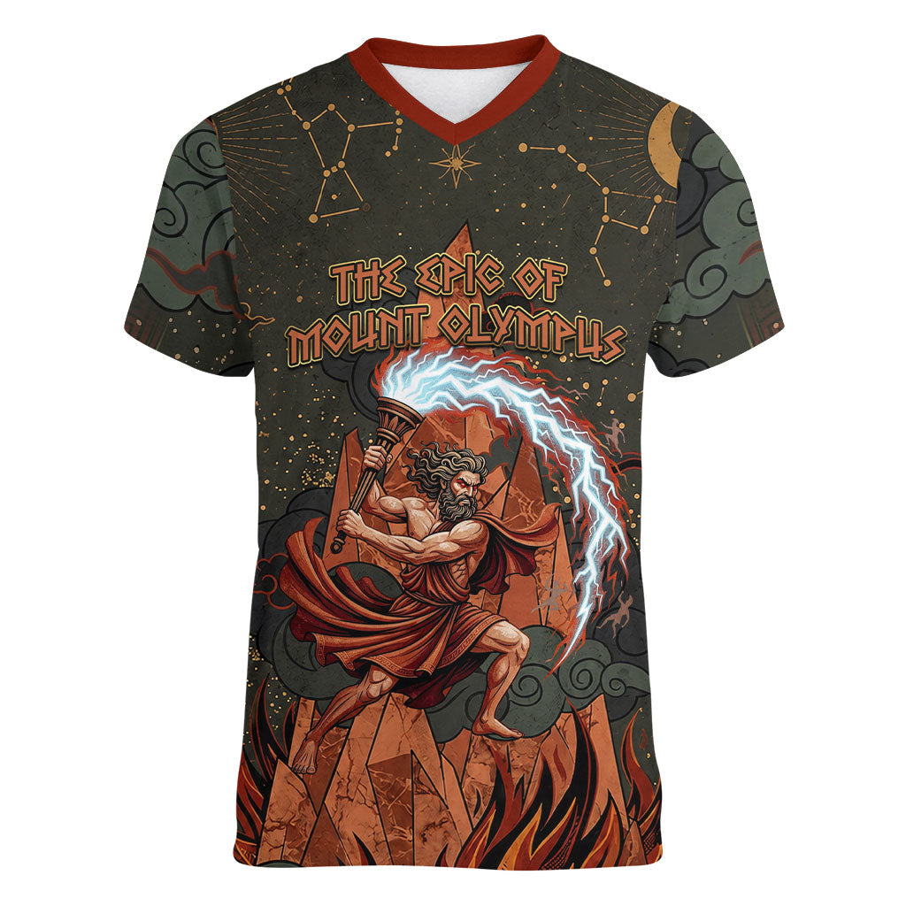Mount Olympus Women V-Neck T-Shirt Greek Prometheus Torch Flame Lightning Mountain Constellations