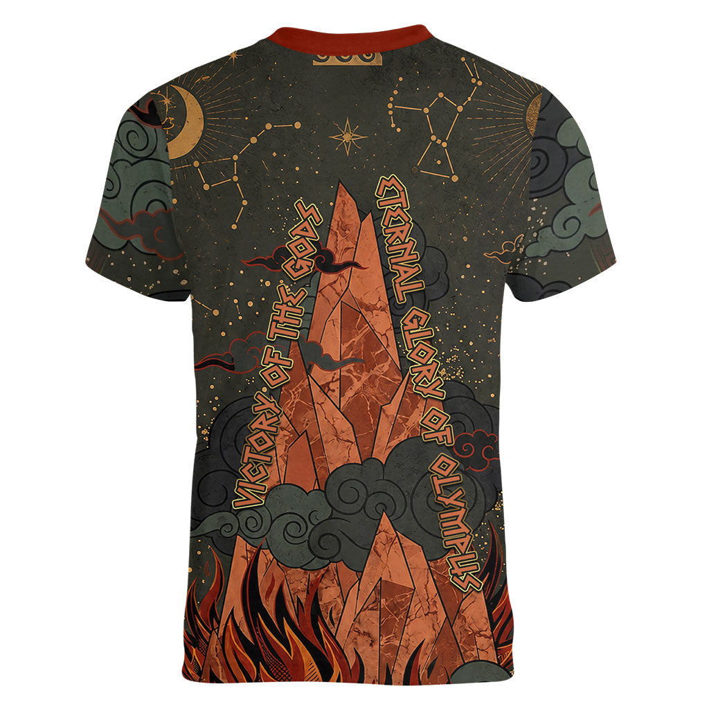 Mount Olympus Women V-Neck T-Shirt Greek Prometheus Torch Flame Lightning Mountain Constellations