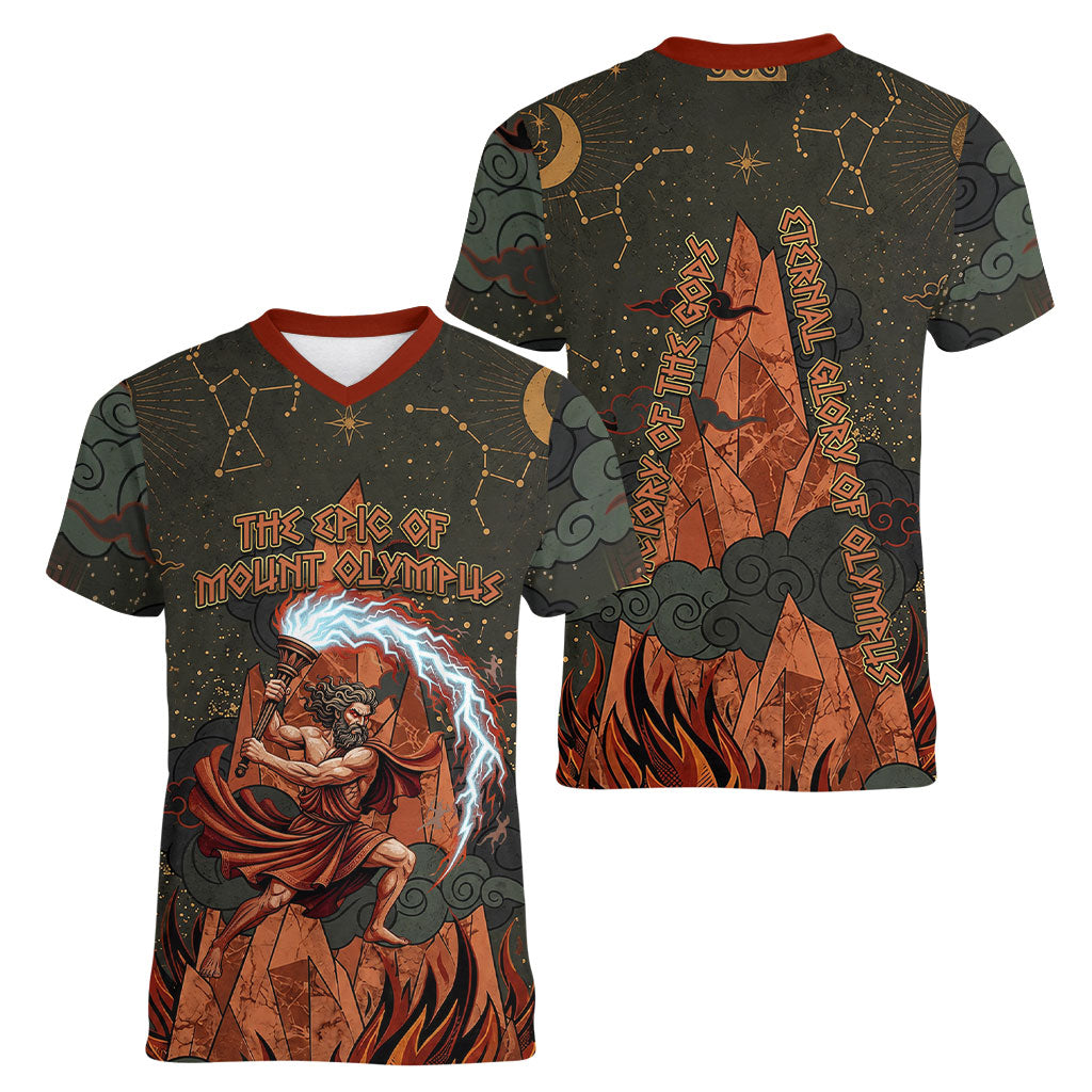 Mount Olympus Women V-Neck T-Shirt Greek Prometheus Torch Flame Lightning Mountain Constellations