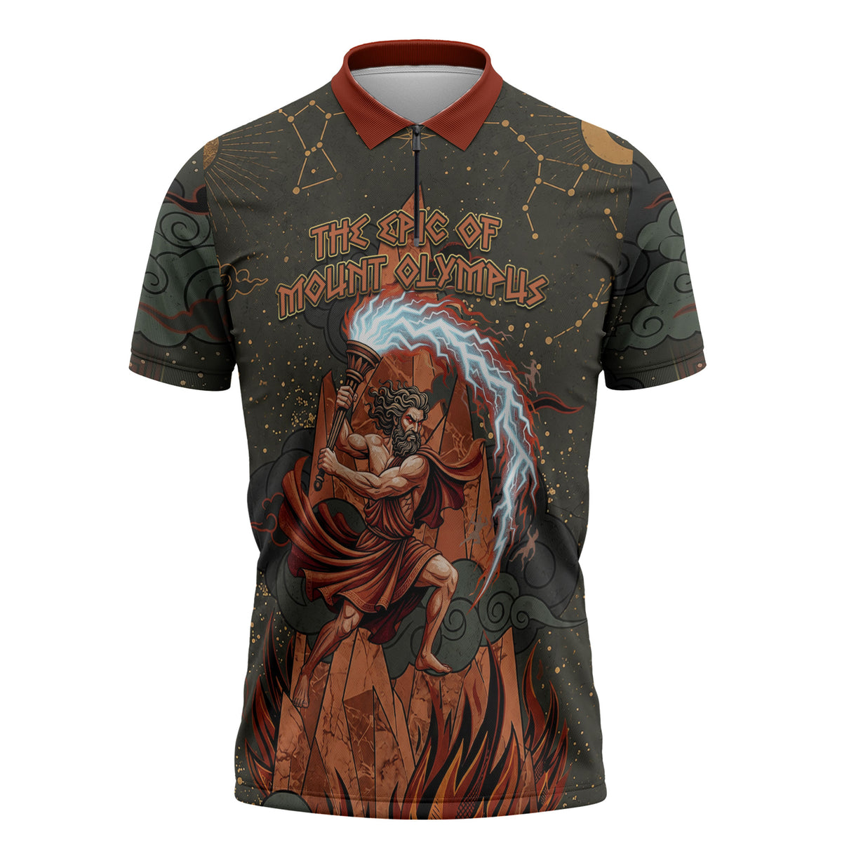 Mount Olympus Zipper Polo Shirt Greek Prometheus Torch Flame Lightning Mountain Constellations