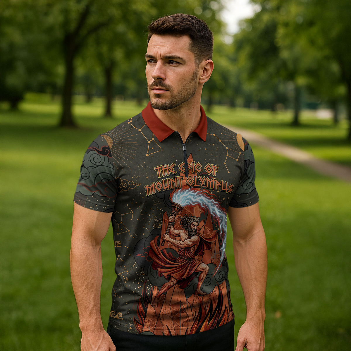 Mount Olympus Zipper Polo Shirt Greek Prometheus Torch Flame Lightning Mountain Constellations