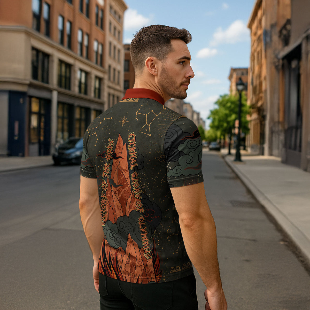 Mount Olympus Zipper Polo Shirt Greek Prometheus Torch Flame Lightning Mountain Constellations