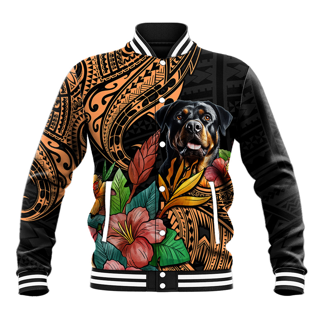 Polynesian Rottweiler Baseball Jacket Polynesian Pattern And Rottweiler - Wonder Print Shop