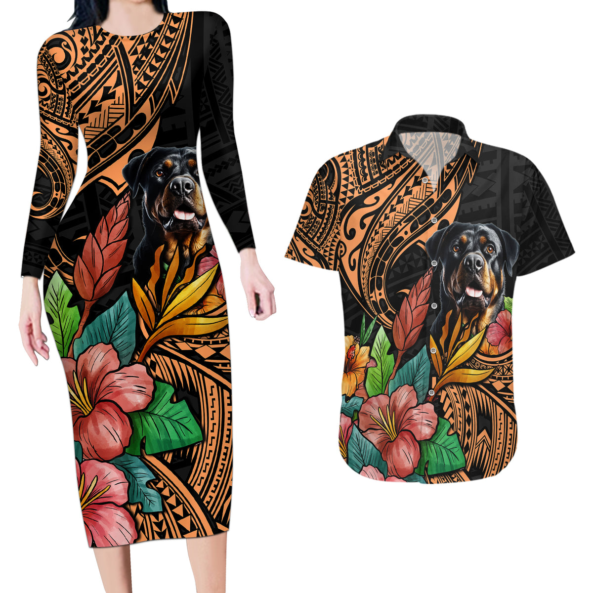 Polynesian Rottweiler Couples Matching Long Sleeve Bodycon Dress and Hawaiian Shirt Polynesian Pattern And Rottweiler - Wonder Print Shop