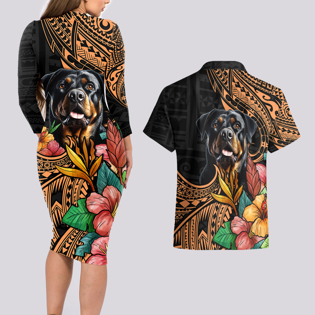 Polynesian Rottweiler Couples Matching Long Sleeve Bodycon Dress and Hawaiian Shirt Polynesian Pattern And Rottweiler - Wonder Print Shop
