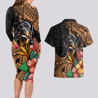 Polynesian Rottweiler Couples Matching Long Sleeve Bodycon Dress and Hawaiian Shirt Polynesian Pattern And Rottweiler - Wonder Print Shop