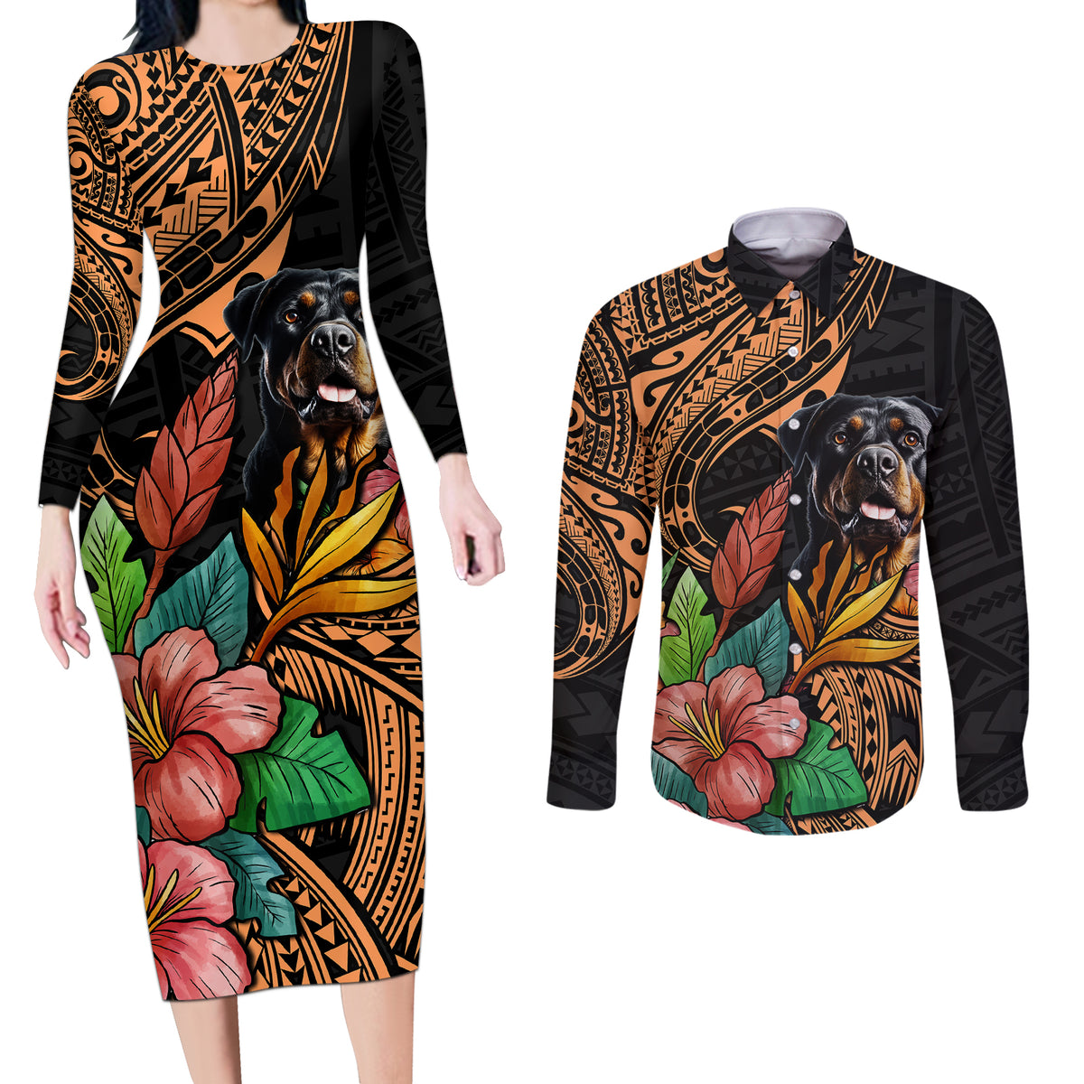 Polynesian Rottweiler Couples Matching Long Sleeve Bodycon Dress and Long Sleeve Button Shirts Polynesian Pattern And Rottweiler - Wonder Print Shop