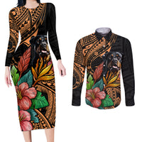 Polynesian Rottweiler Couples Matching Long Sleeve Bodycon Dress and Long Sleeve Button Shirts Polynesian Pattern And Rottweiler - Wonder Print Shop