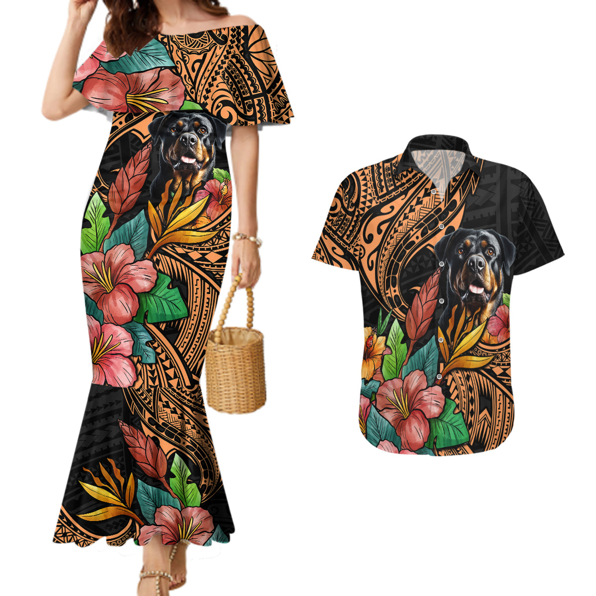 Polynesian Rottweiler Couples Matching Mermaid Dress and Hawaiian Shirt Polynesian Pattern And Rottweiler - Wonder Print Shop