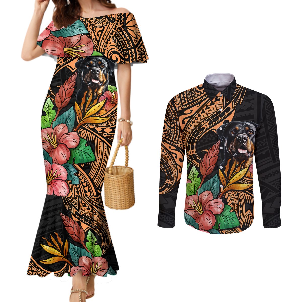 polynesian-rottweiler-couples-matching-mermaid-dress-and-long-sleeve-button-shirts-polynesian-pattern-and-rottweiler