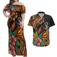 Polynesian Rottweiler Couples Matching Off Shoulder Maxi Dress and Hawaiian Shirt Polynesian Pattern And Rottweiler - Wonder Print Shop